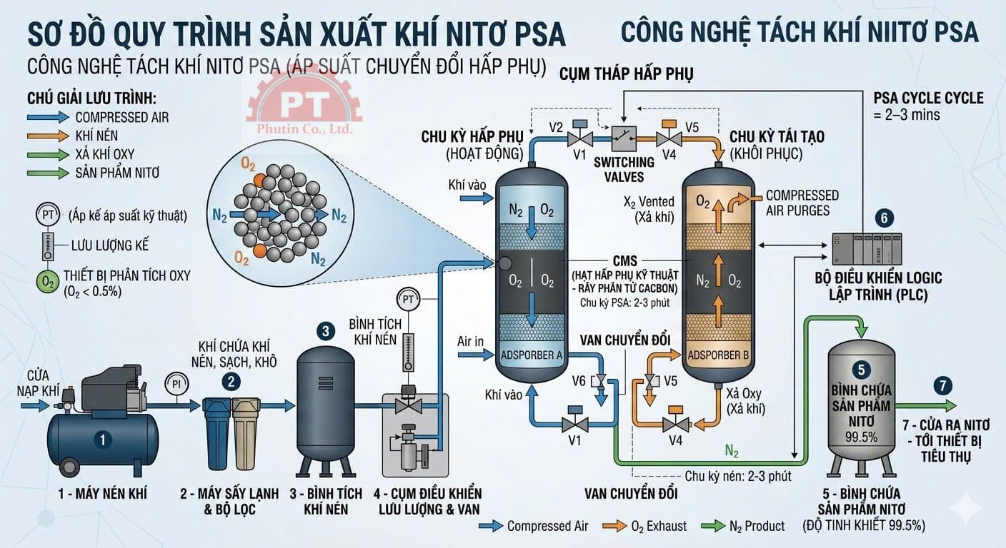 Nguyên lý máy tạo khí nitơ PSA với hạt hấp phụ CMS.